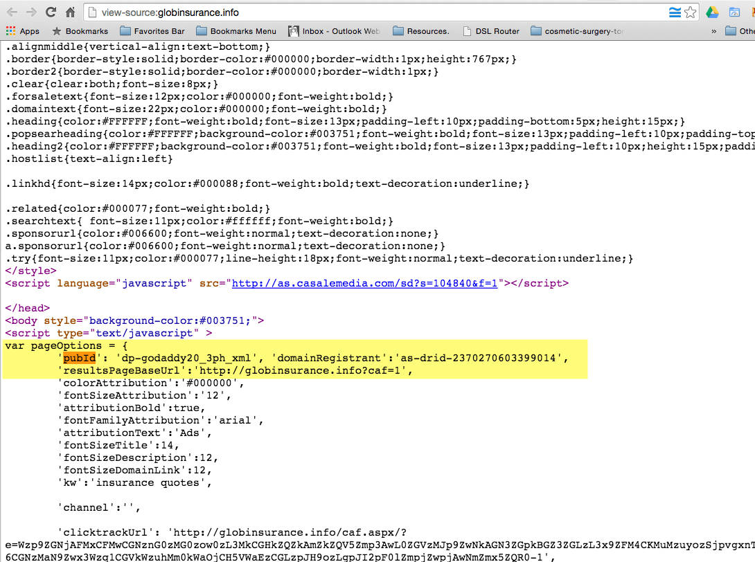 The Godaddy CashParking account ID in the source code of globinsurance.info.