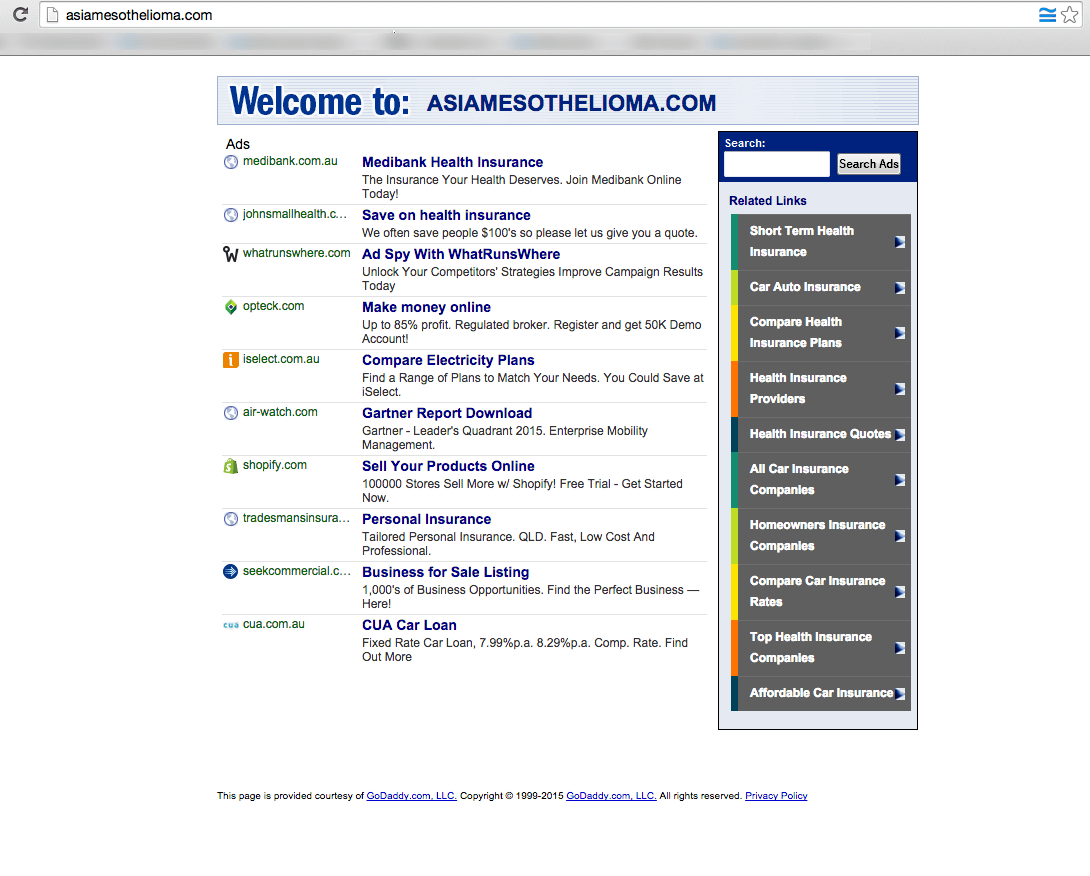 Click fraud website asiamesothelioma.com showing ads from health insurance companies and various other corporations. The user is requested to click the ad and then paste the URL of the sites he clicked on. Every ad click makes money for this website owner.