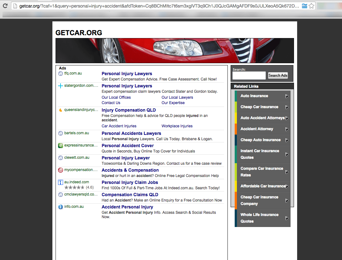 Search result page on getcar.org showing advertisements from Australian lawyers. Conducting the search from a US IP address brings up US companies. Canadian searches show Canadian ads and so on.