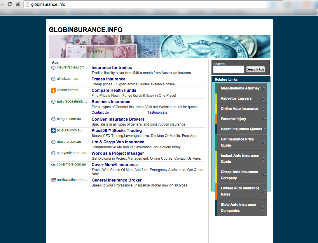 The Globinsurance.info Godaddy CashParking website showing ads for insurance companies which are being defrauded.