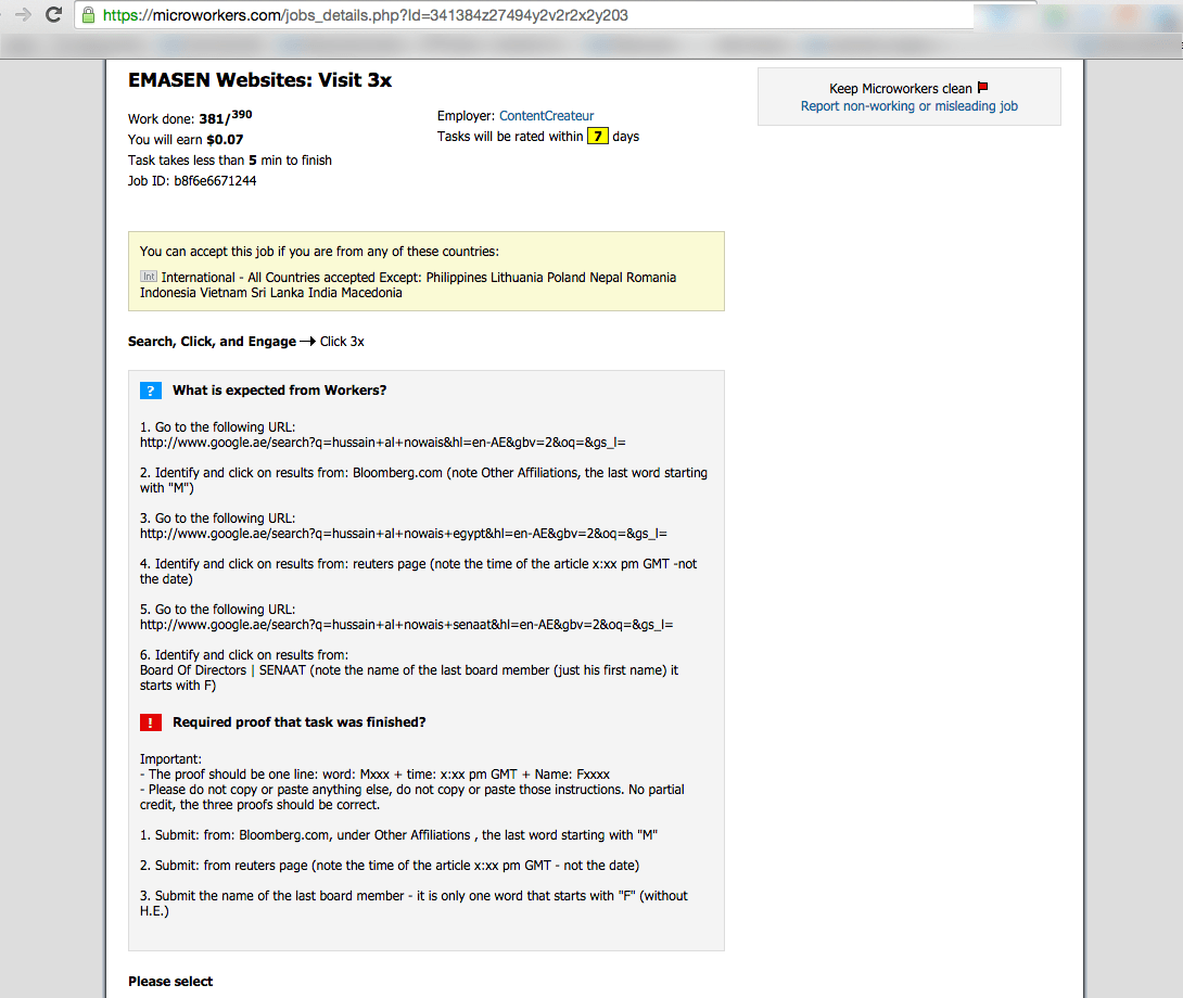 Microworker task example requesting searches for terms associated to Hussain Al Nowais. The task then asks for clicks on specific pages such as the Bloomberg website.