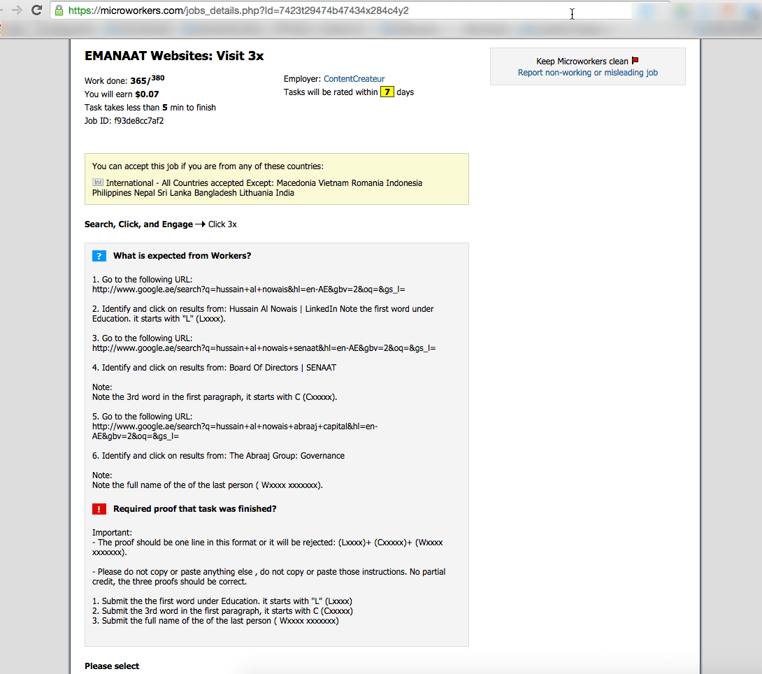 A second example of search manipulation using Microworker tasks. This task asks the searcher to click on LinkedIn and the Board of Directors of SENAAT.