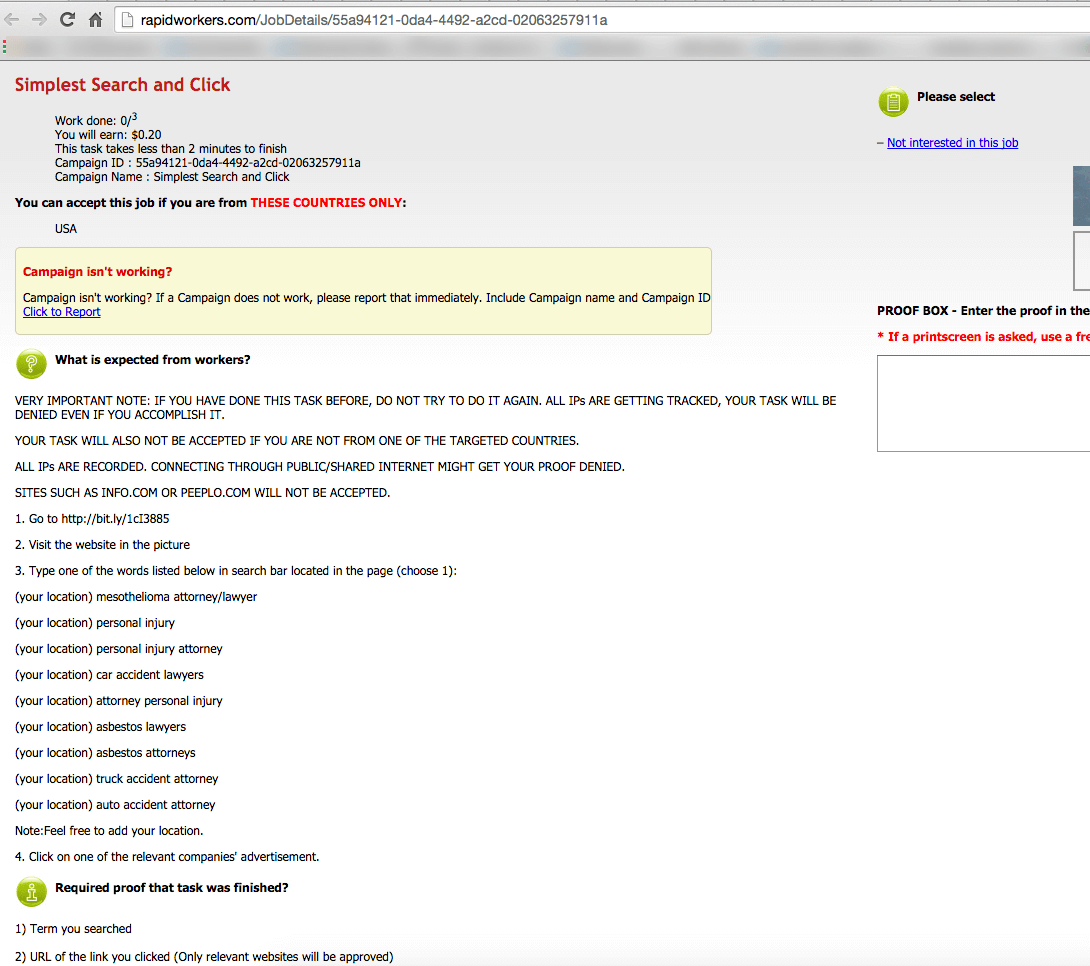 Rapidworker click fraud request. The site in question is being shown through a bit.ly link in order to prevent detection by Godaddy's, or Google's spam detection measures.