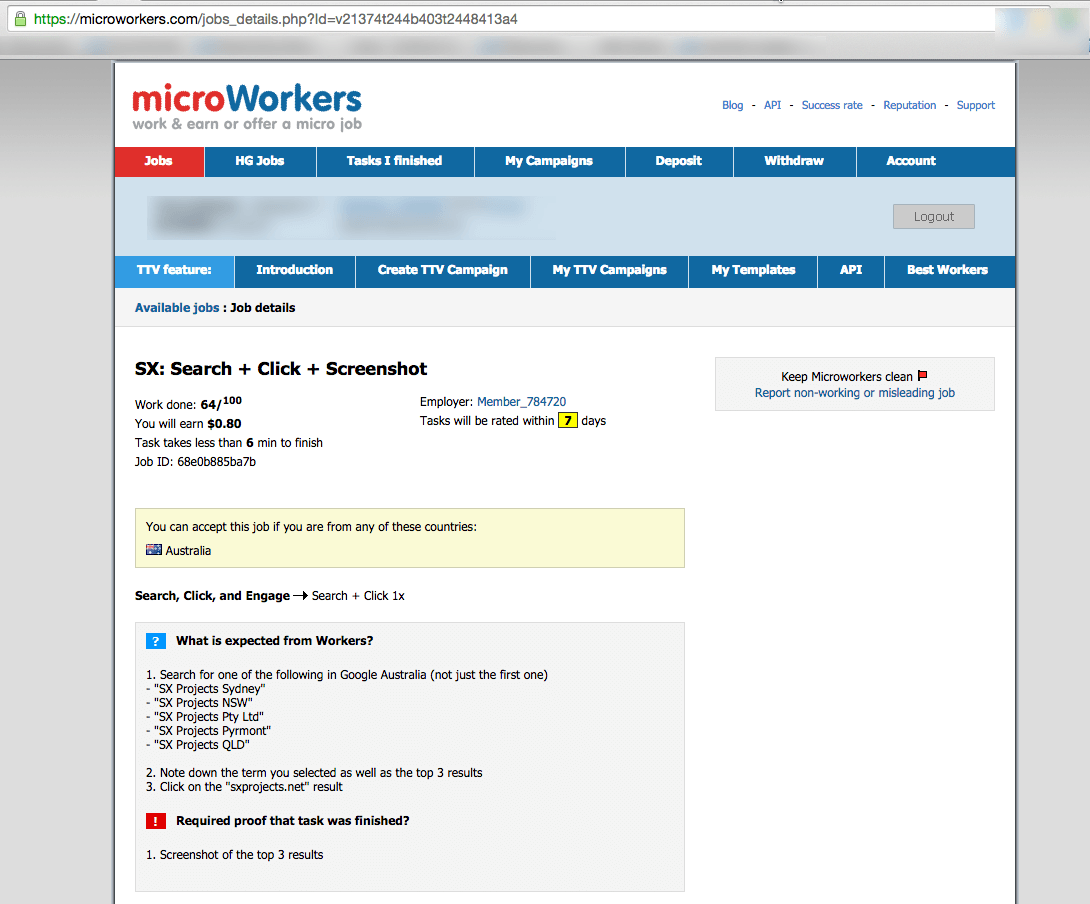 A screenshot of a microworker task asking for searches to be conducted for SX Projects, which appears to be an Australian phoenix company. The goal of the searches is to push down the negative search result highlighted below.