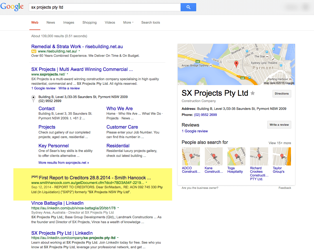 The Google search result for SX Projects PTY LTD. Highlighted is the negative PDF report about their past activities that the microworker task above seems to be trying to push down in search.