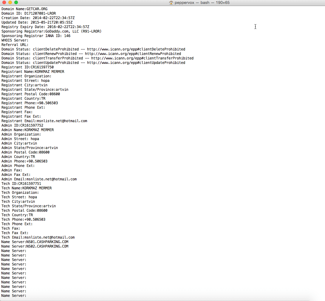 Full WHOIS record for getcar.org showing the ownership details and address in Turkey. The name appears to be fake since it is actually the name of a neighbourhood in the Turkish city. The DNS info further confirms that this is a CashParking website hosted by Godaddy.